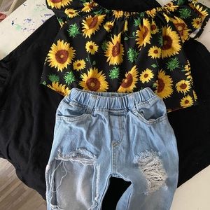 Off the Shoulder Sunflower Top with Ripped Jeans